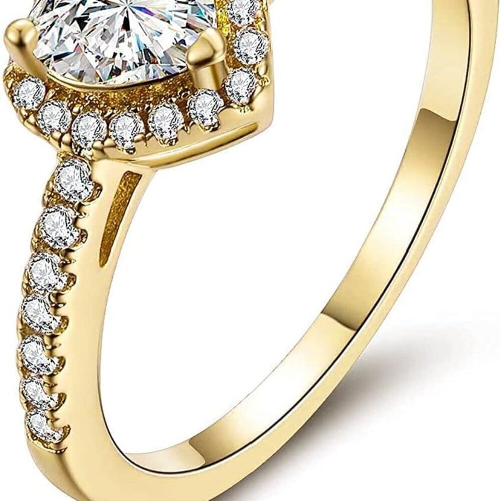 Gold Plated Cubic Zirconia Wedding Engagement Ring Heart-Cut Halo Bridal